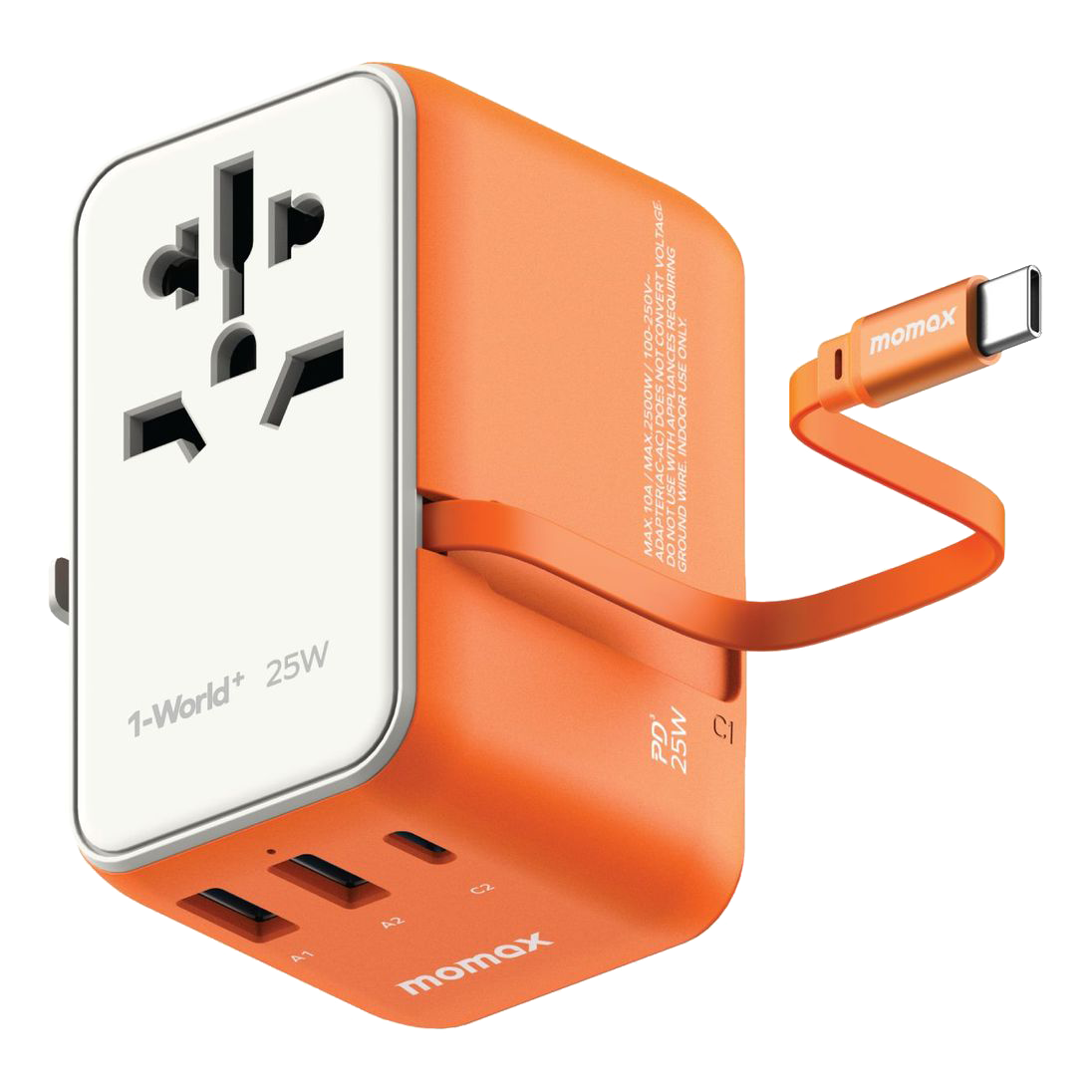 MOMAX 1‑World+ 25W 3‑Port AC Travel Adapter with Built‑In USB‑C Cable (Orange)