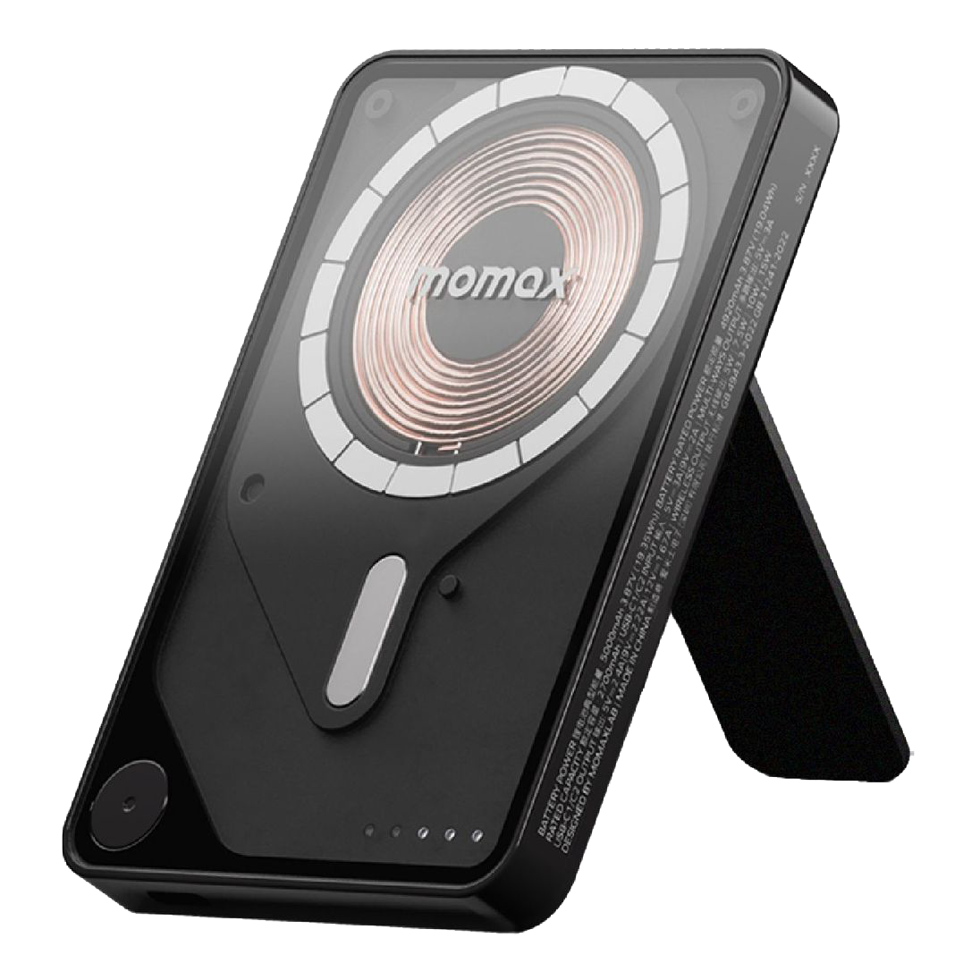 MOMAX 1‑Power X Pro 5000mAh Magnetic Wireless Power Bank with Stand & Built‑In USB‑C Cable (Black)
