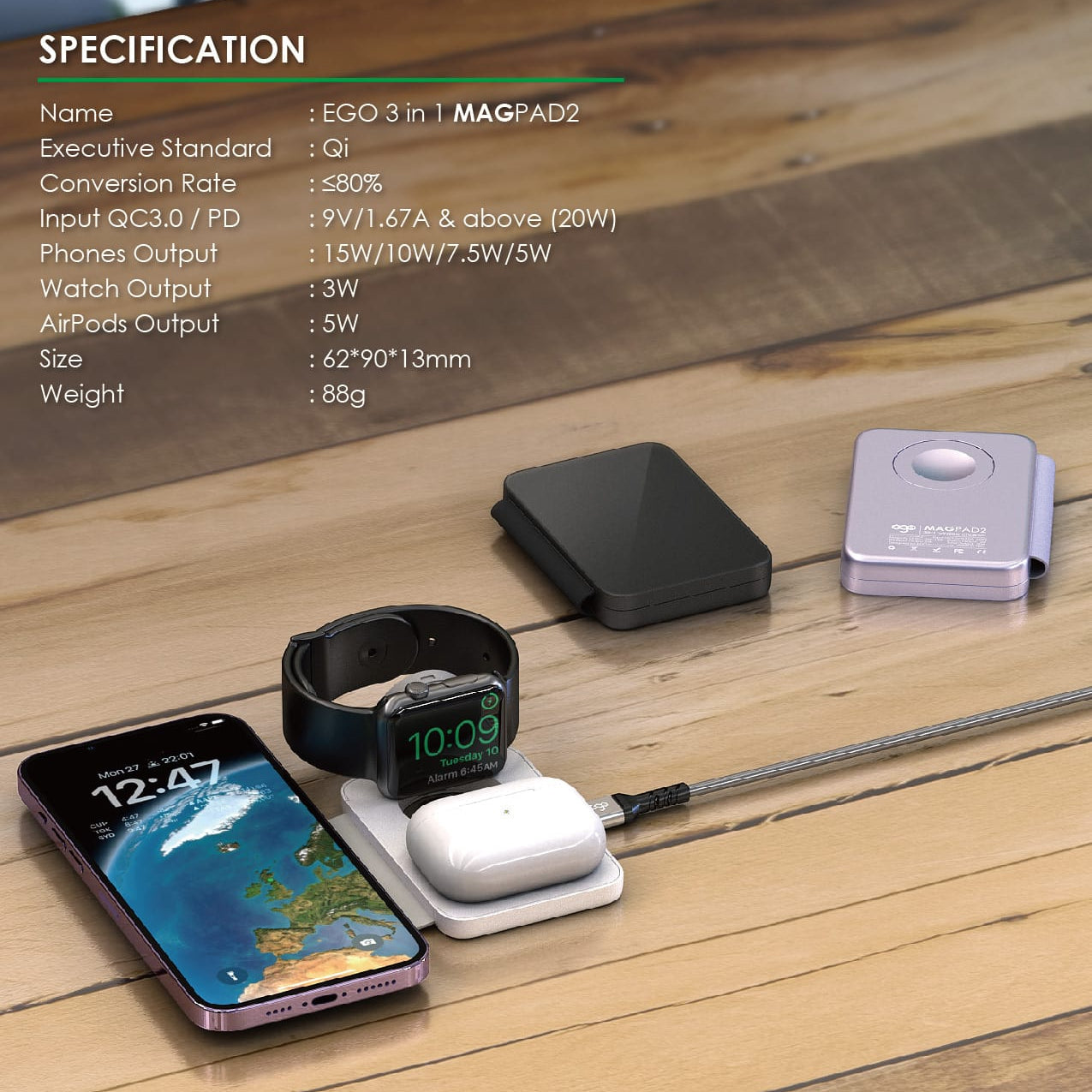 EGO 3‑in‑1 MagPad2 MagSafe Charger – Black