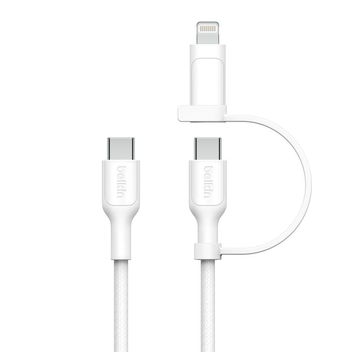 Belkin BoostCharge 2-in-1 USB-C to USB-C + Lightning Braided Cable (White)