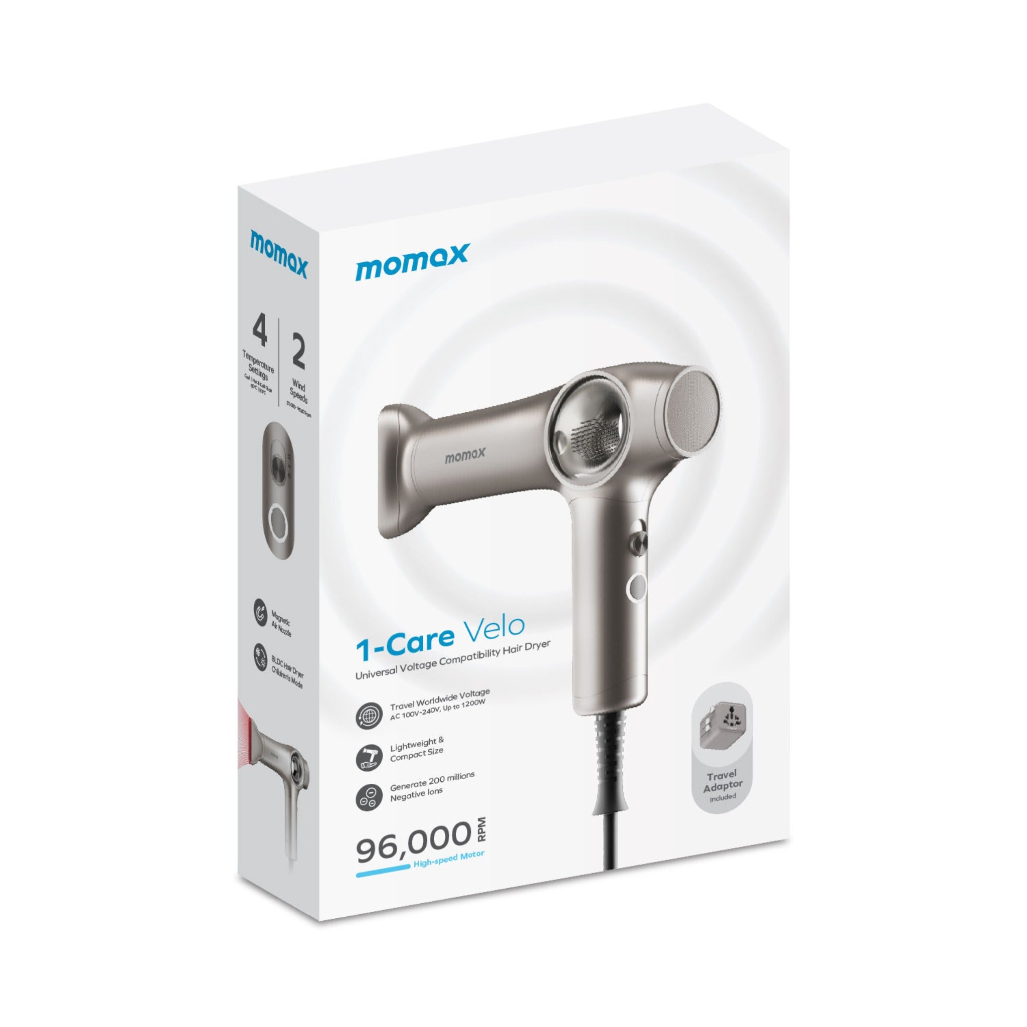 MOMAX 1‑CARE Velo Universal Voltage Compatibility Hair Dryer