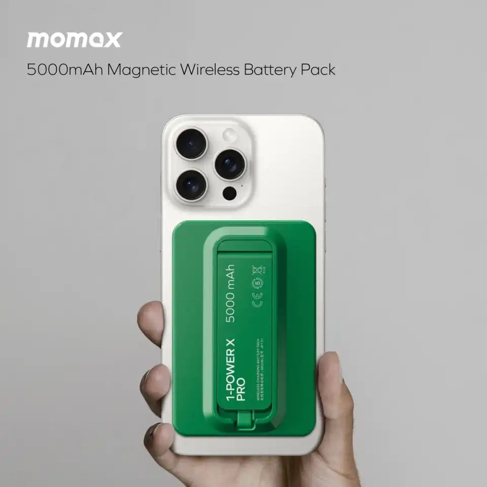 MOMAX 1‑Power X Pro 5000mAh Magnetic Wireless Power Bank with Stand & Built‑In USB‑C Cable (Green)