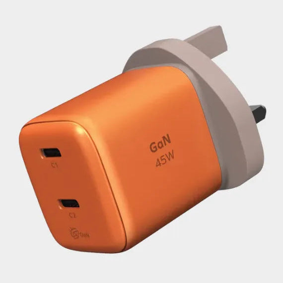 MOMAX 1‑Charge 45W 2‑Port GaN Charger (2× USB‑C, Orange)