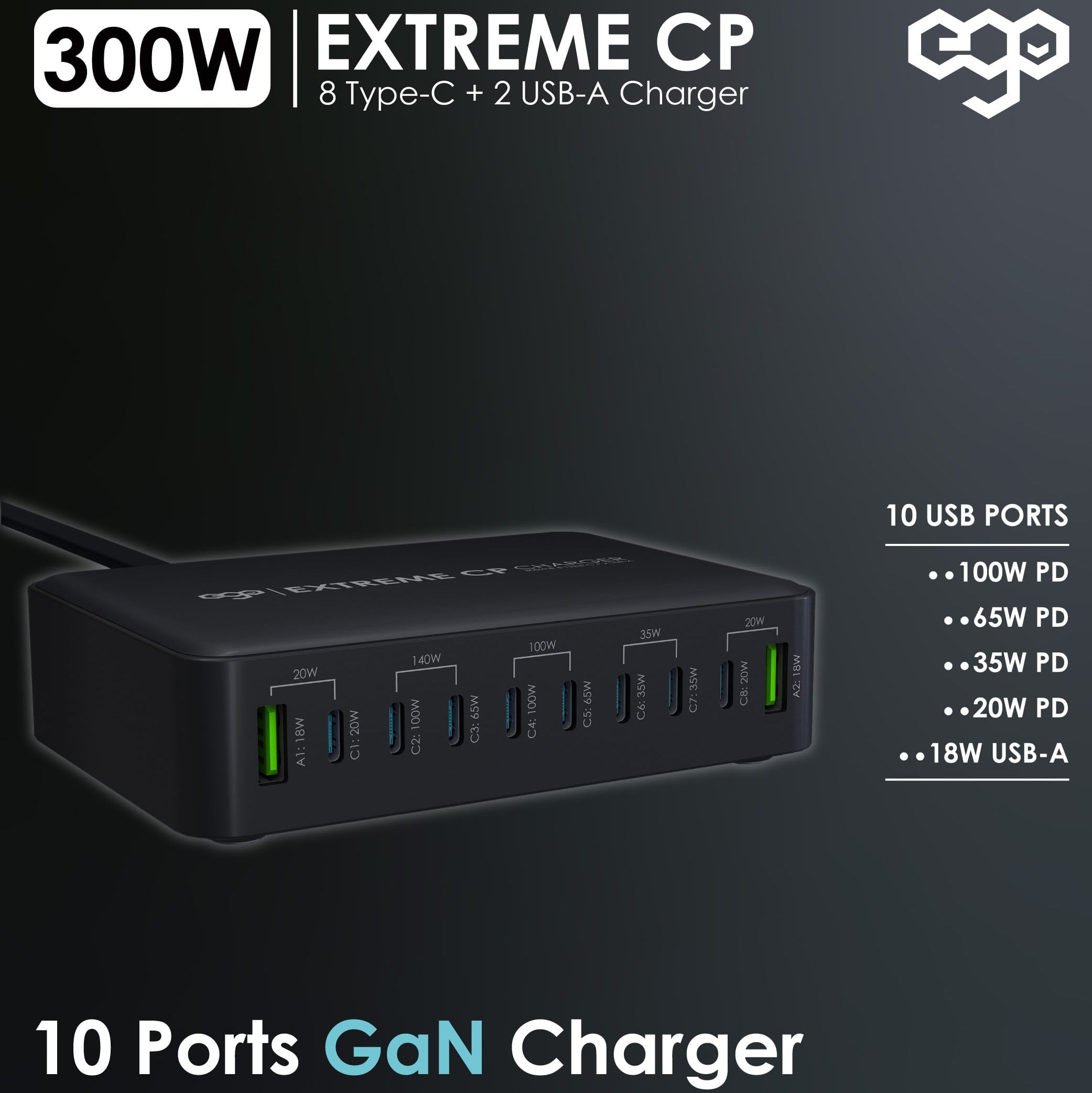 EGO 300W Extreme CP 10USB GaN Charger – Black