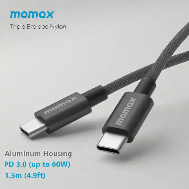 MOMAX Elite 60W USB‑C to USB‑C Braided Cable (1.5m, Black)