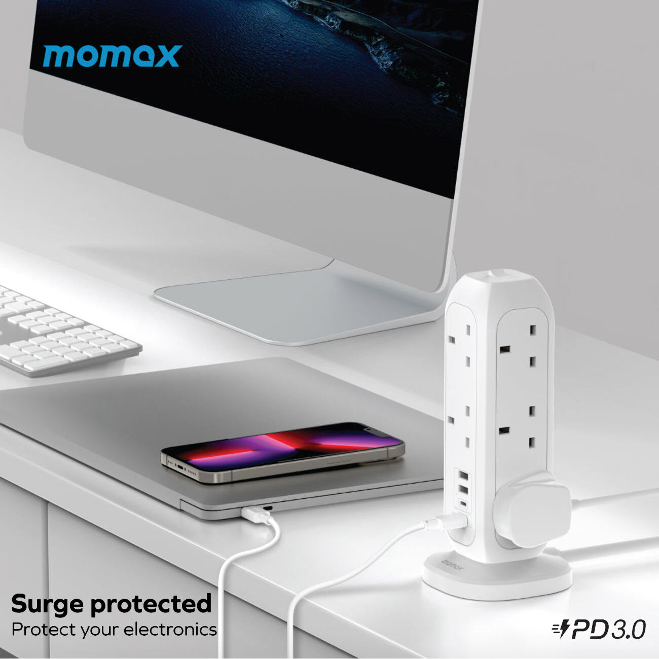MOMAX OnePlug 11‑Outlet Power Strip with USB (White, US11UK)