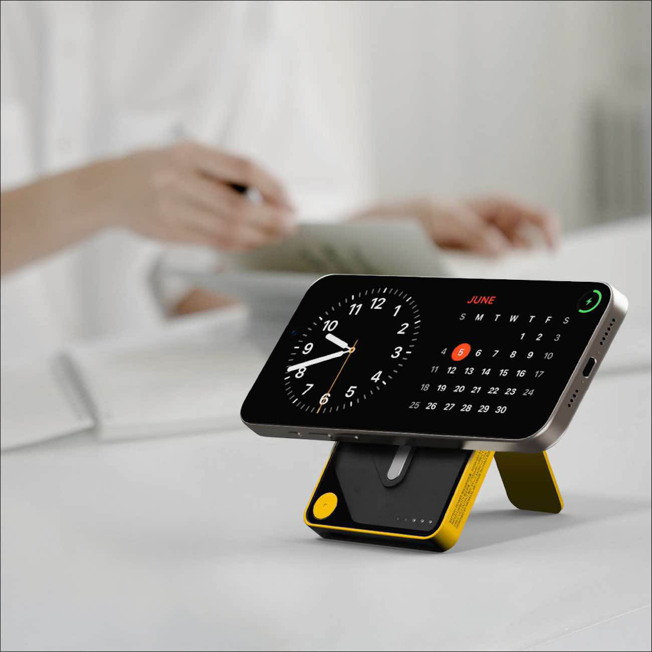 MOMAX 1‑Power X Pro 5000mAh Magnetic Wireless Power Bank with Stand & Built‑In USB‑C Cable (Yellow)