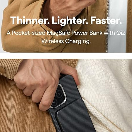 PITAKA Aramid Fiber Magnetic Power Bank Qi2 – 5000mAh, Black/Grey, MagSafe Compatible, 15W Wireless Charging