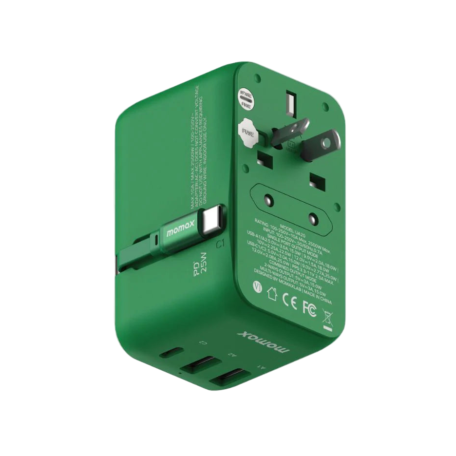 MOMAX 1‑World+ 25W 3‑Port AC Travel Adapter with Built‑In USB‑C Cable (Green)