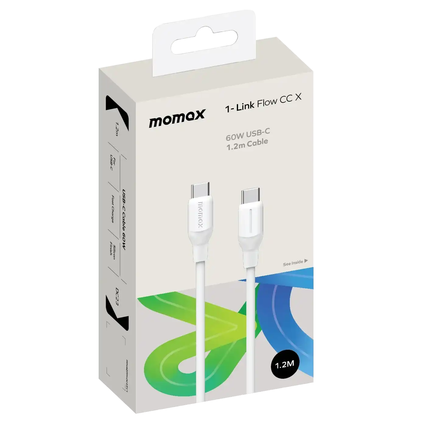 MOMAX 1‑Link Flow 60W USB‑C to USB‑C Cable (1.2m, White)