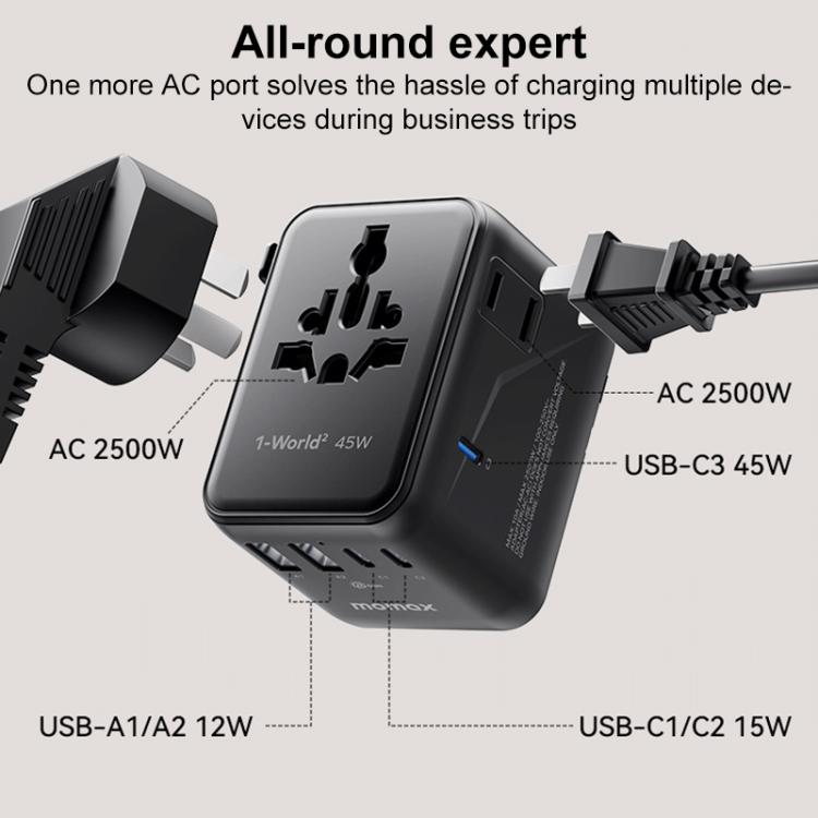 MOMAX 1‑World² 45W 5‑Port Dual AC Travel Adapter