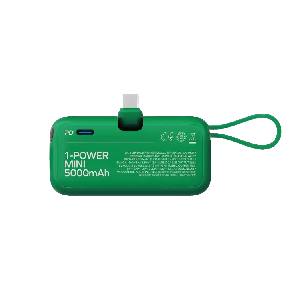 MOMAX 1‑Power Mini 5000mAh 3‑in‑1 Power Bank with USB‑C Plug (Green)