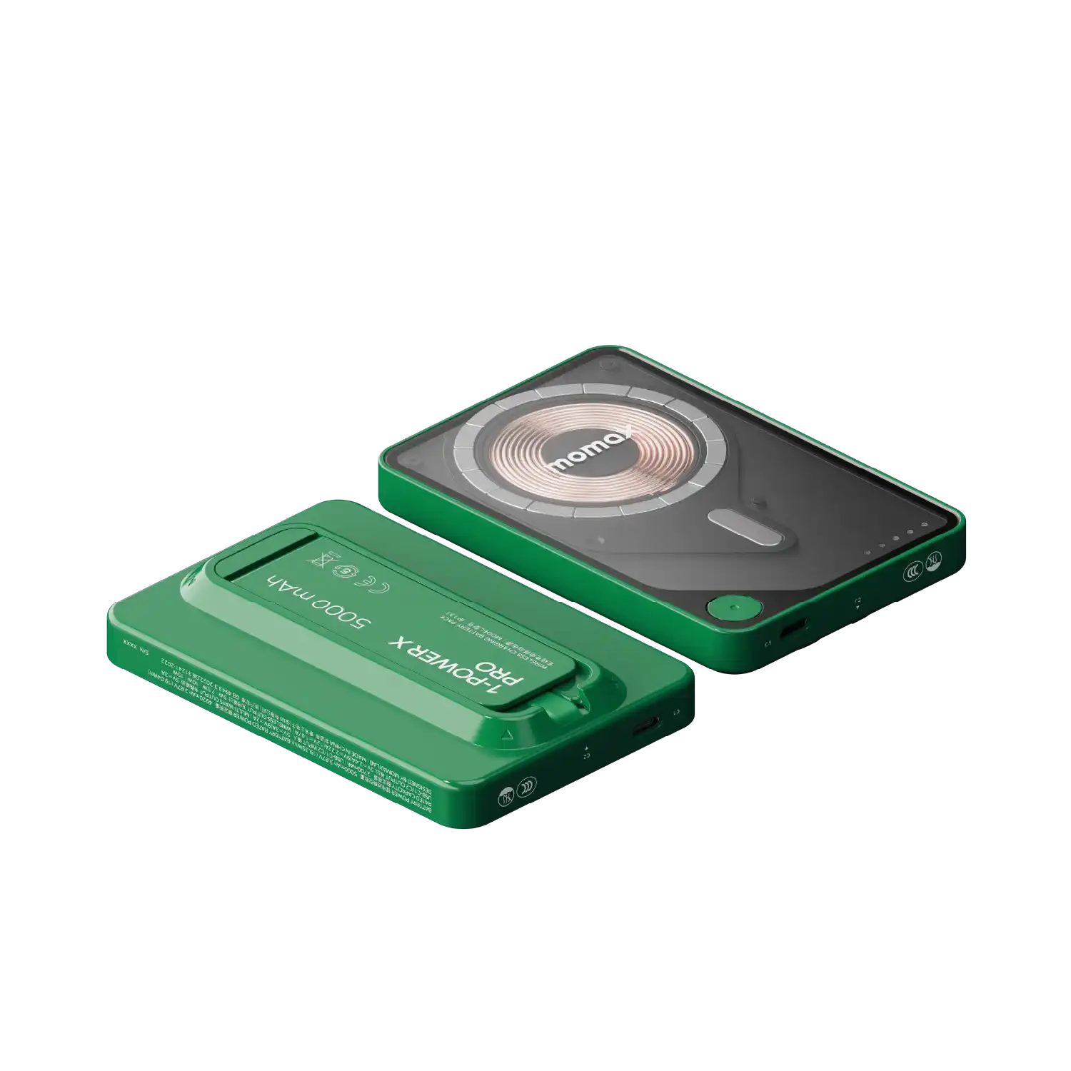 MOMAX 1‑Power X Pro 5000mAh Magnetic Wireless Power Bank with Stand & Built‑In USB‑C Cable (Green)
