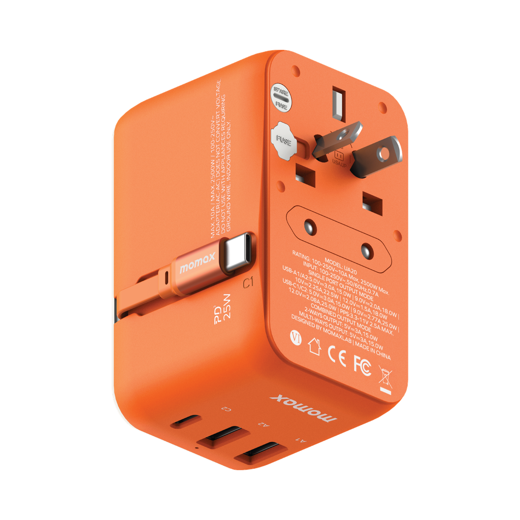 MOMAX 1‑World+ 25W 3‑Port AC Travel Adapter with Built‑In USB‑C Cable (Orange)