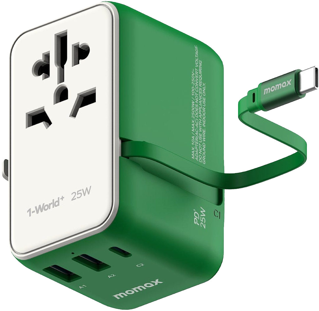 MOMAX 1‑World+ 25W 3‑Port AC Travel Adapter with Built‑In USB‑C Cable (Green)