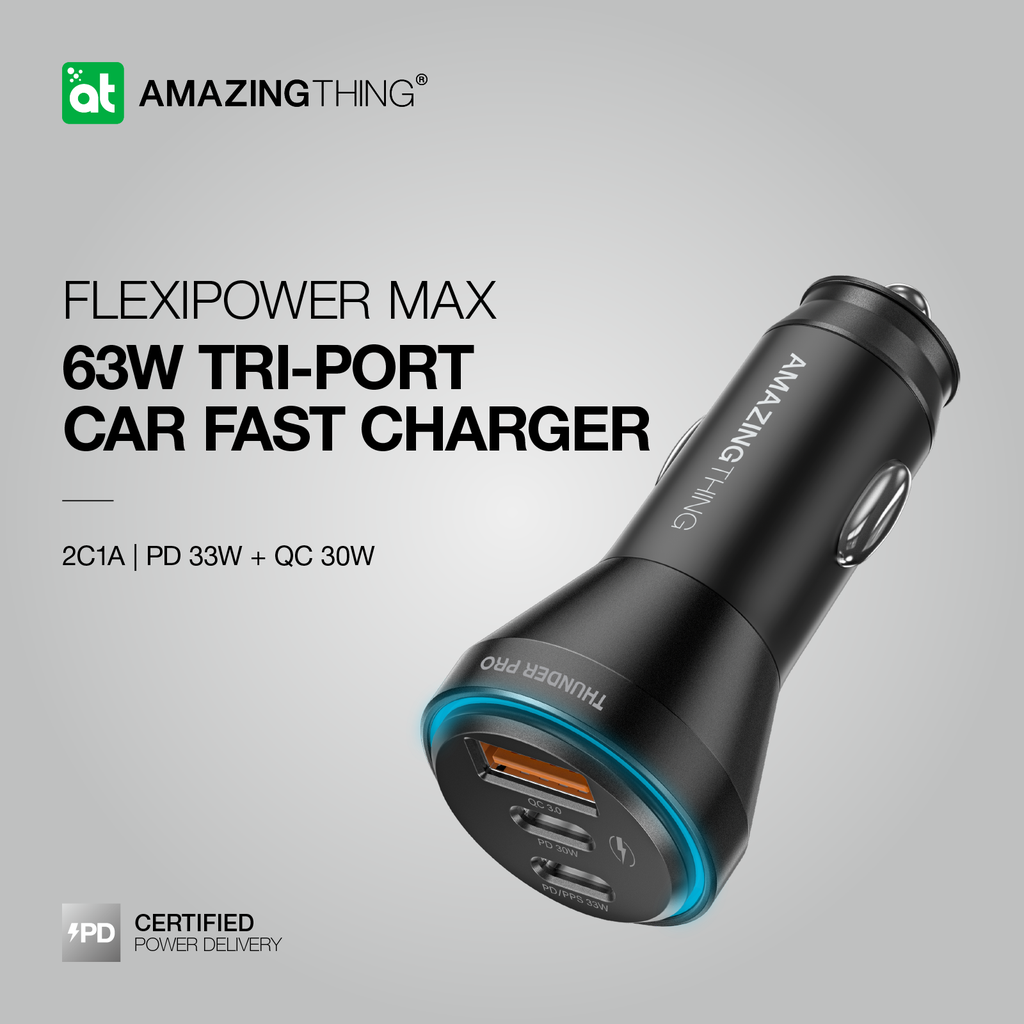 AmazingThing FlexiPower Max 63W Tri‑Port Car Fast Charger