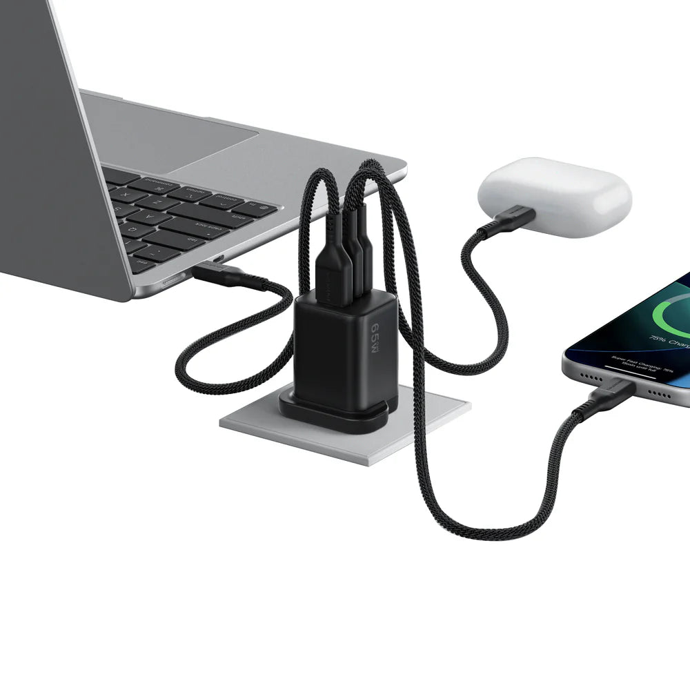 AmazingThing Thunder GaN 65W Charger – 3 Ports (2C + 1A, PD 3.0, QC 3.0, Compact Travel Design)