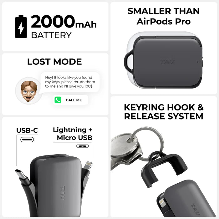 Rolling Square TAU 2 01R – 2000mAh Ultra‑Portable Keyring Power Bank (Black)
