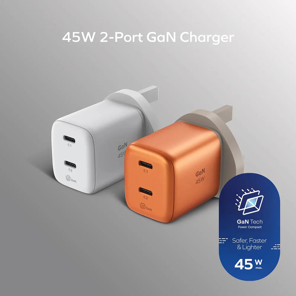 MOMAX 1‑Charge 45W 2‑Port GaN Charger (2× USB‑C, White)