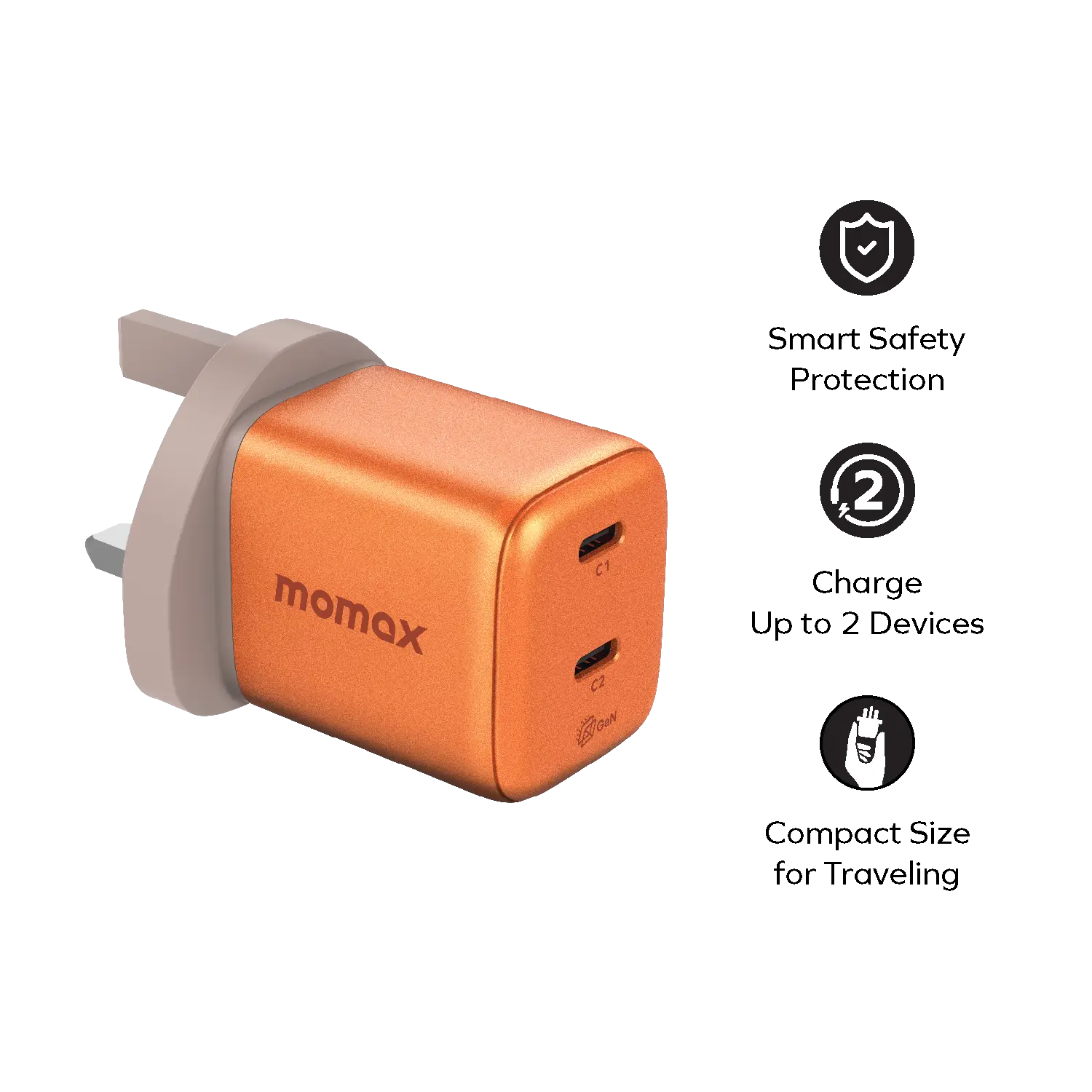 MOMAX 1‑Charge 45W 2‑Port GaN Charger (2× USB‑C, Orange)