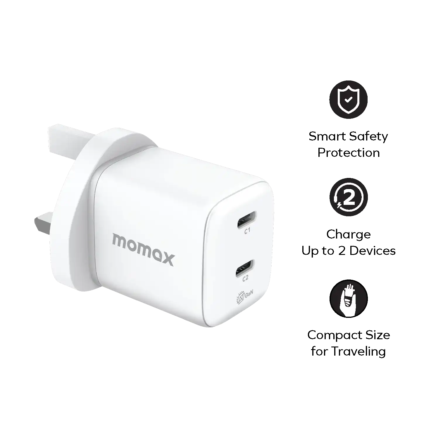 MOMAX 1‑Charge 45W 2‑Port GaN Charger (2× USB‑C, White)
