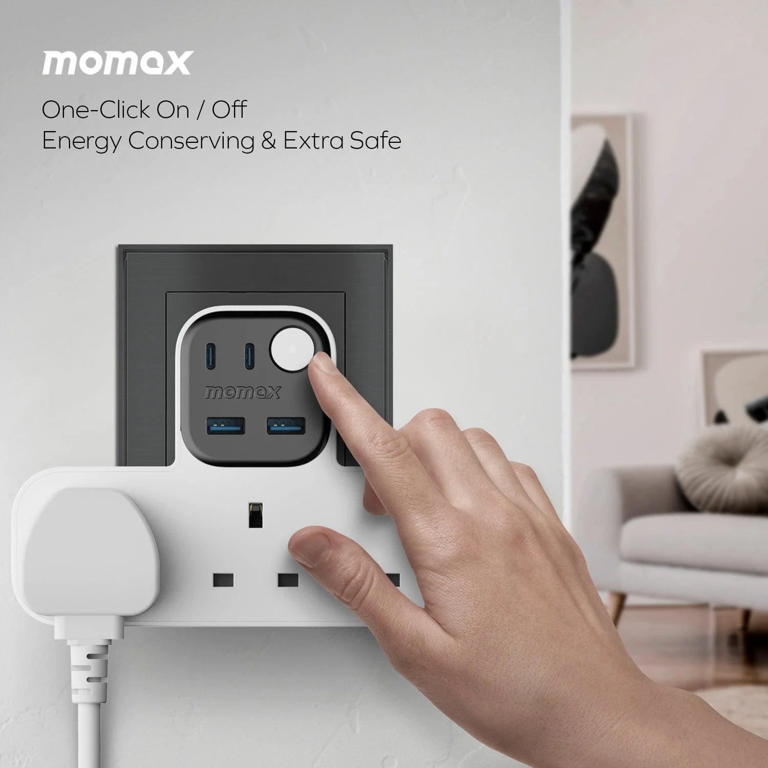 MOMAX 1‑CHARGER Workflow T‑Shaped Extension 3‑Socket with USB (White)