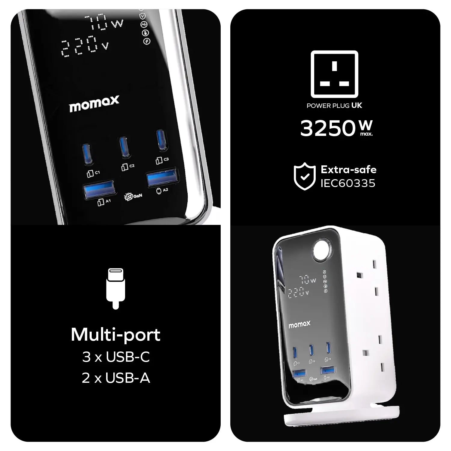 MOMAX 1‑CHARGE 70W Workflow 6‑Outlet Digital Display Power Tower with USB