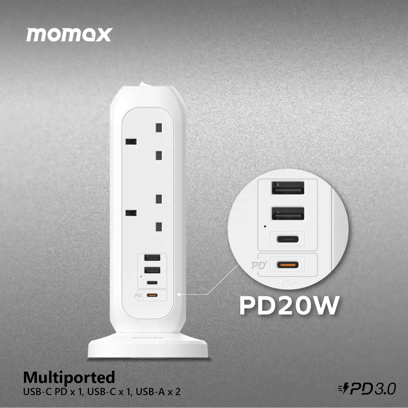 MOMAX OnePlug 11‑Outlet Power Strip with USB (White, US11UK)