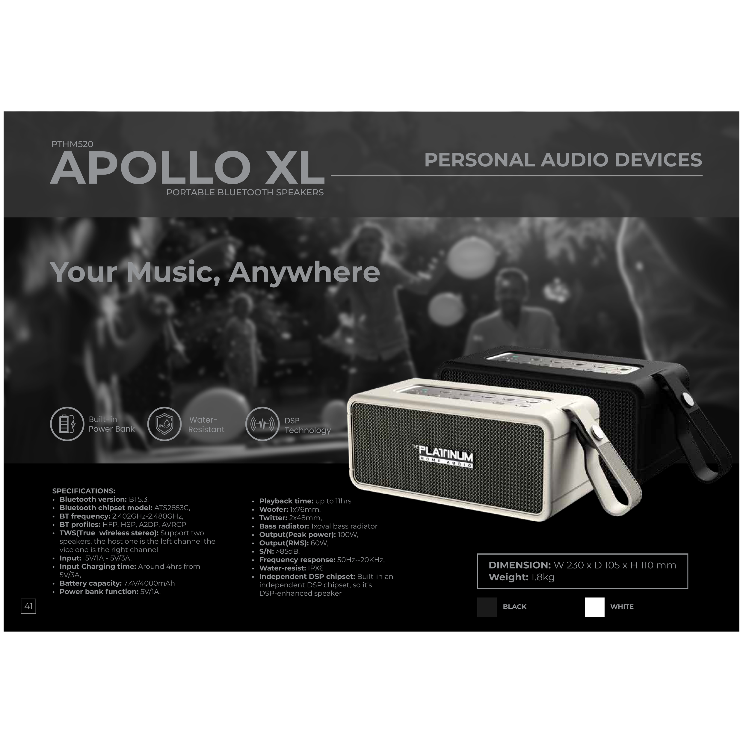 Platinum Apollo XL – Portable Bluetooth Speaker (Black)
