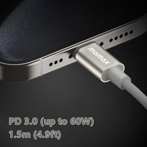 MOMAX Elite 60W USB‑C to USB‑C Braided Cable (1.5m, Titanium)