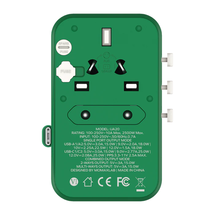 MOMAX 1‑World+ 25W 3‑Port AC Travel Adapter with Built‑In USB‑C Cable (Green)