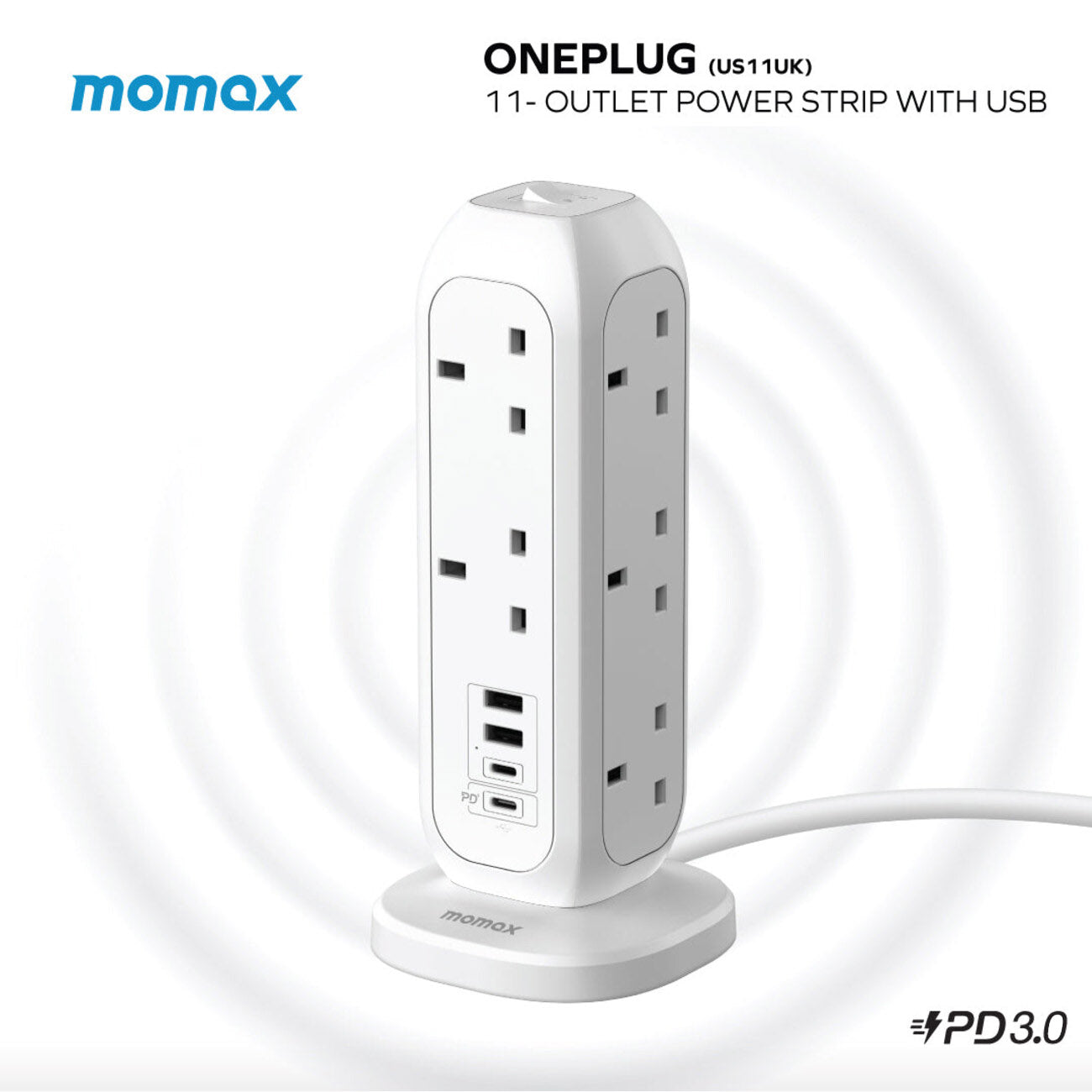 MOMAX OnePlug 11‑Outlet Power Strip with USB (White, US11UK)