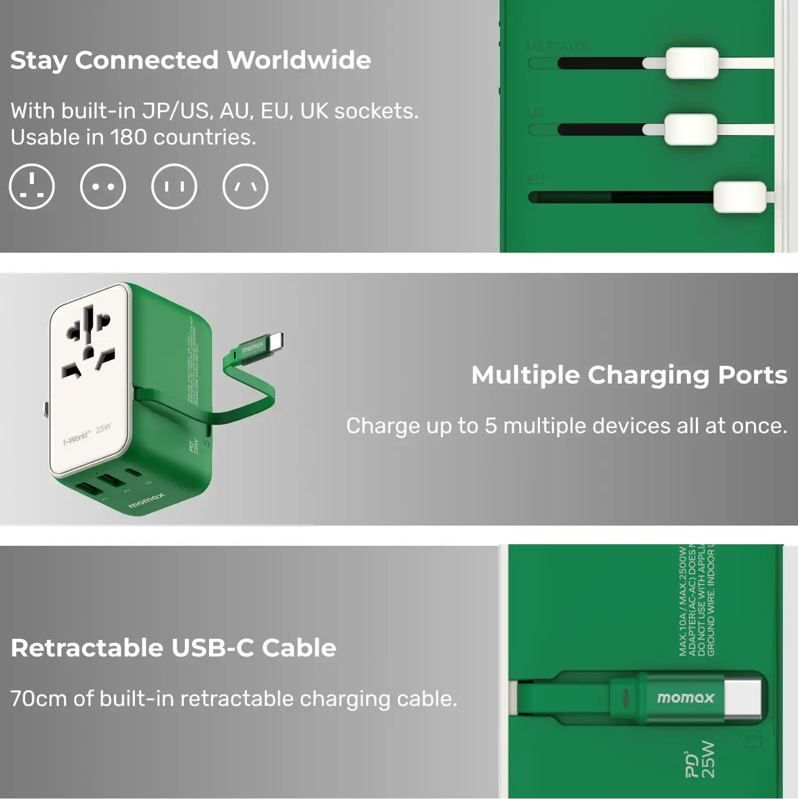 MOMAX 1‑World+ 25W 3‑Port AC Travel Adapter with Built‑In USB‑C Cable (Green)