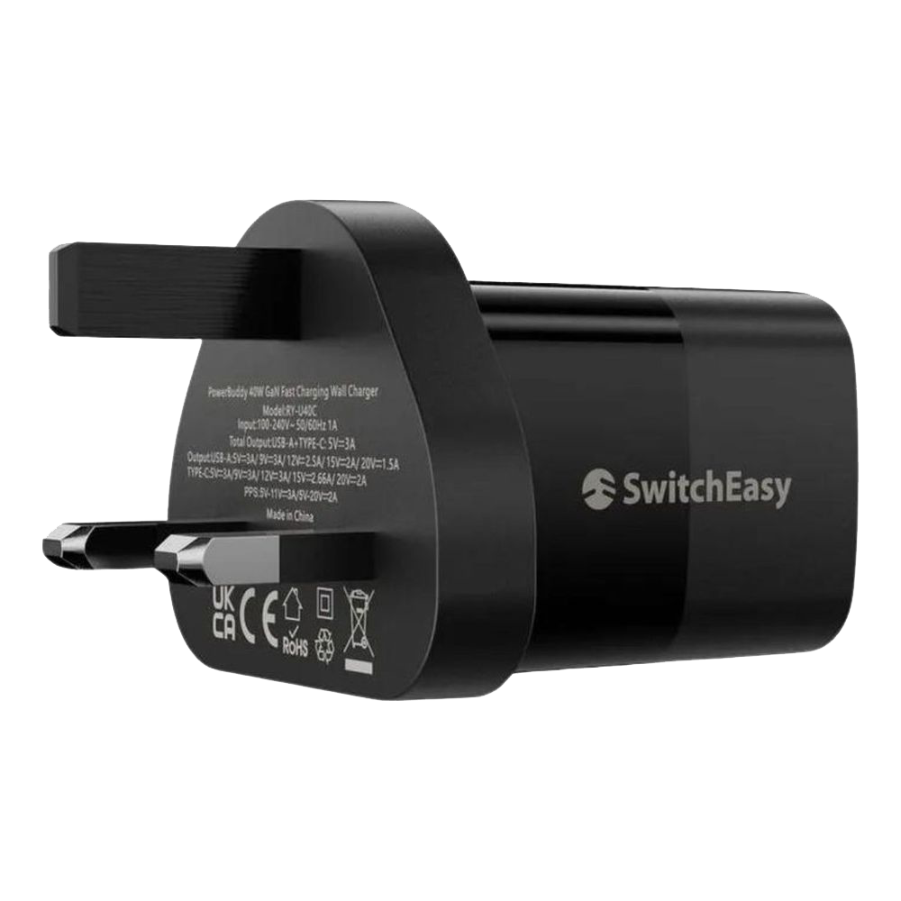 SwitchEasy PowerBuddy 40W GaN Fast Charging Wall Charger – Dual Port (USB‑C + USB‑A), UK Plug, Black