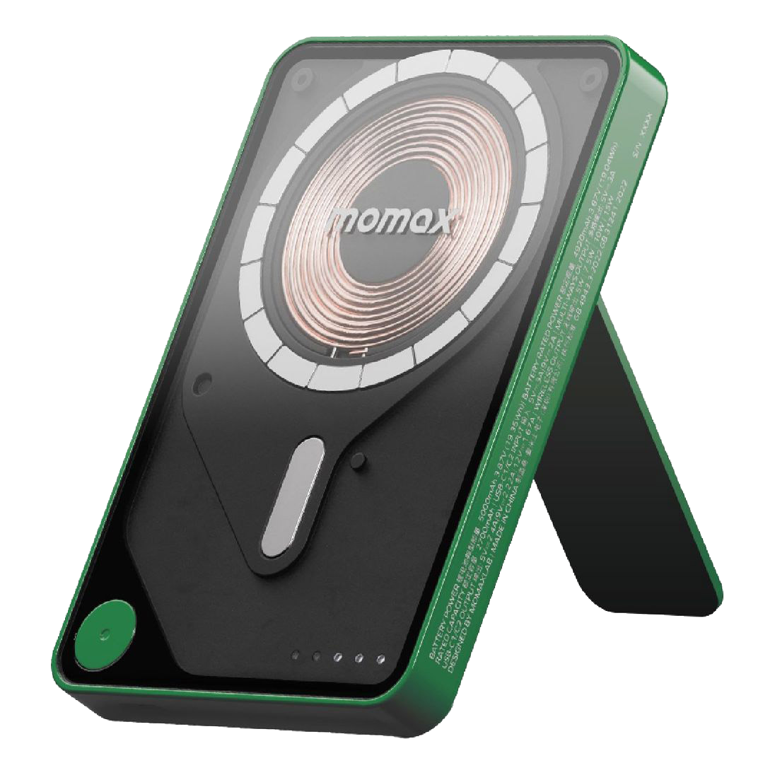 MOMAX 1‑Power X Pro 5000mAh Magnetic Wireless Power Bank with Stand & Built‑In USB‑C Cable (Green)