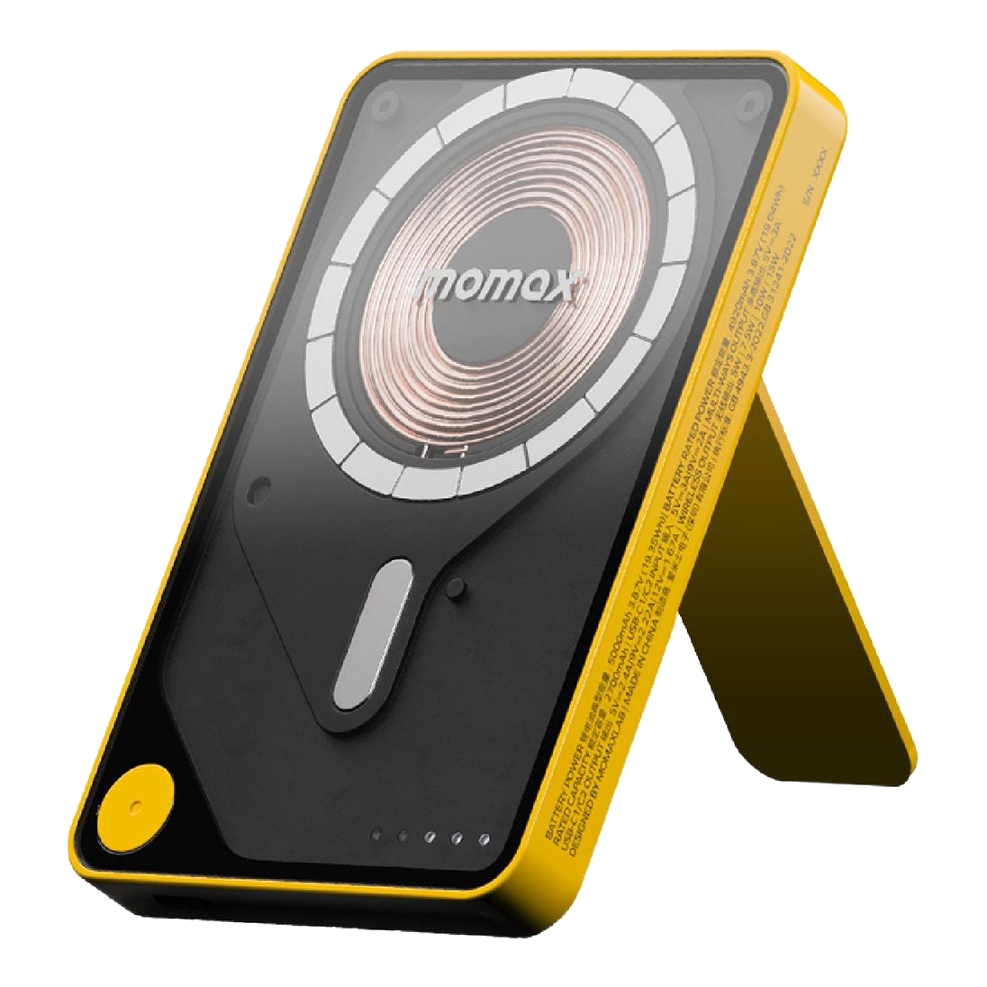 MOMAX 1‑Power X Pro 5000mAh Magnetic Wireless Power Bank with Stand & Built‑In USB‑C Cable (Yellow)