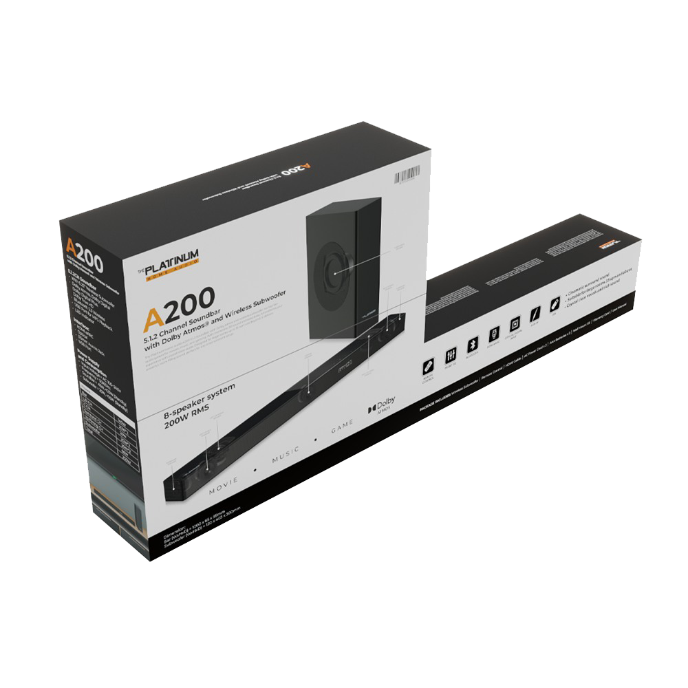 Platinum Karaoke A200 – 5.1.2 Channel Soundbar with Dolby Atmos &amp; Wireless Subwoofer