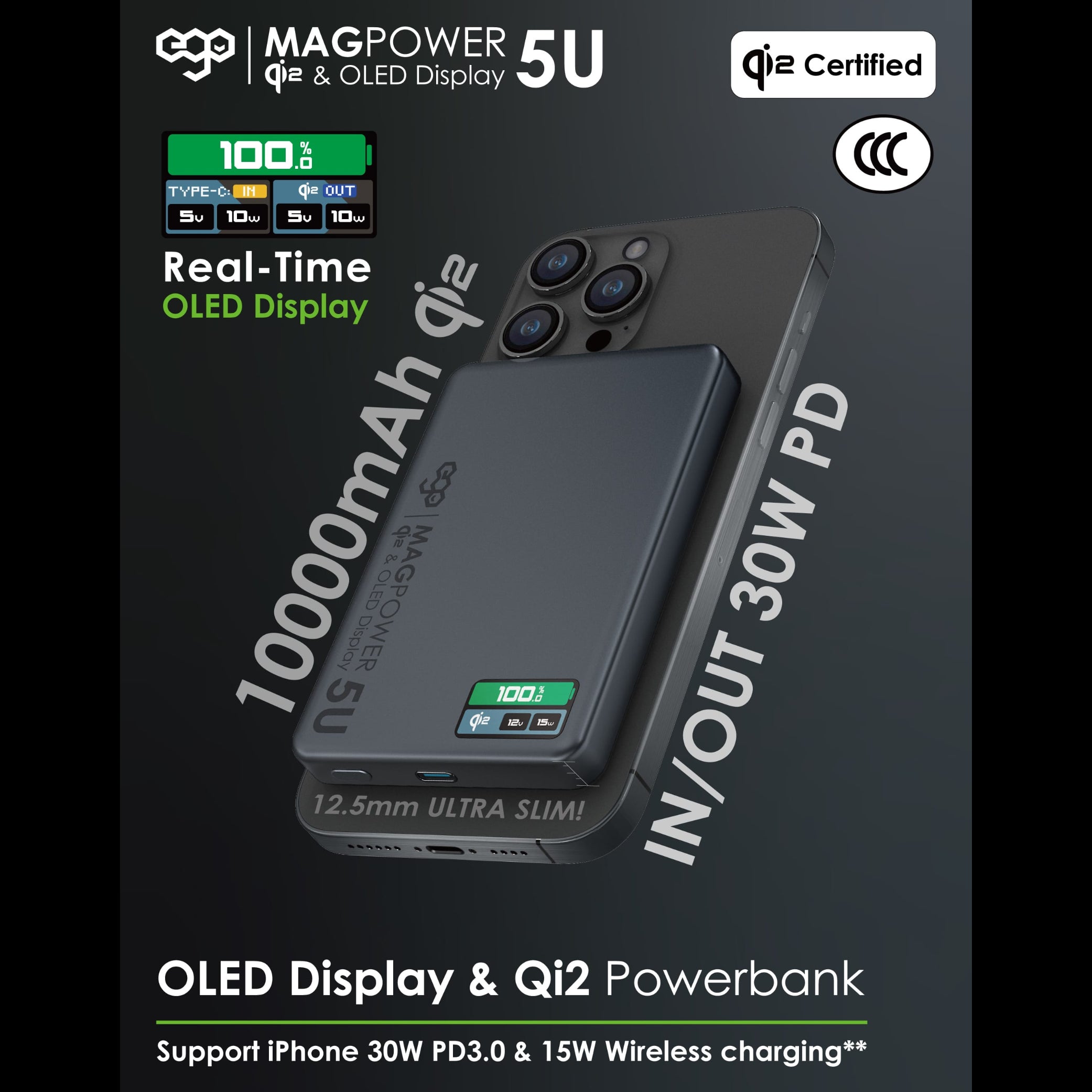 EGO MagPower 5U Qi2 5000mAh MagSafe Power Bank – Black