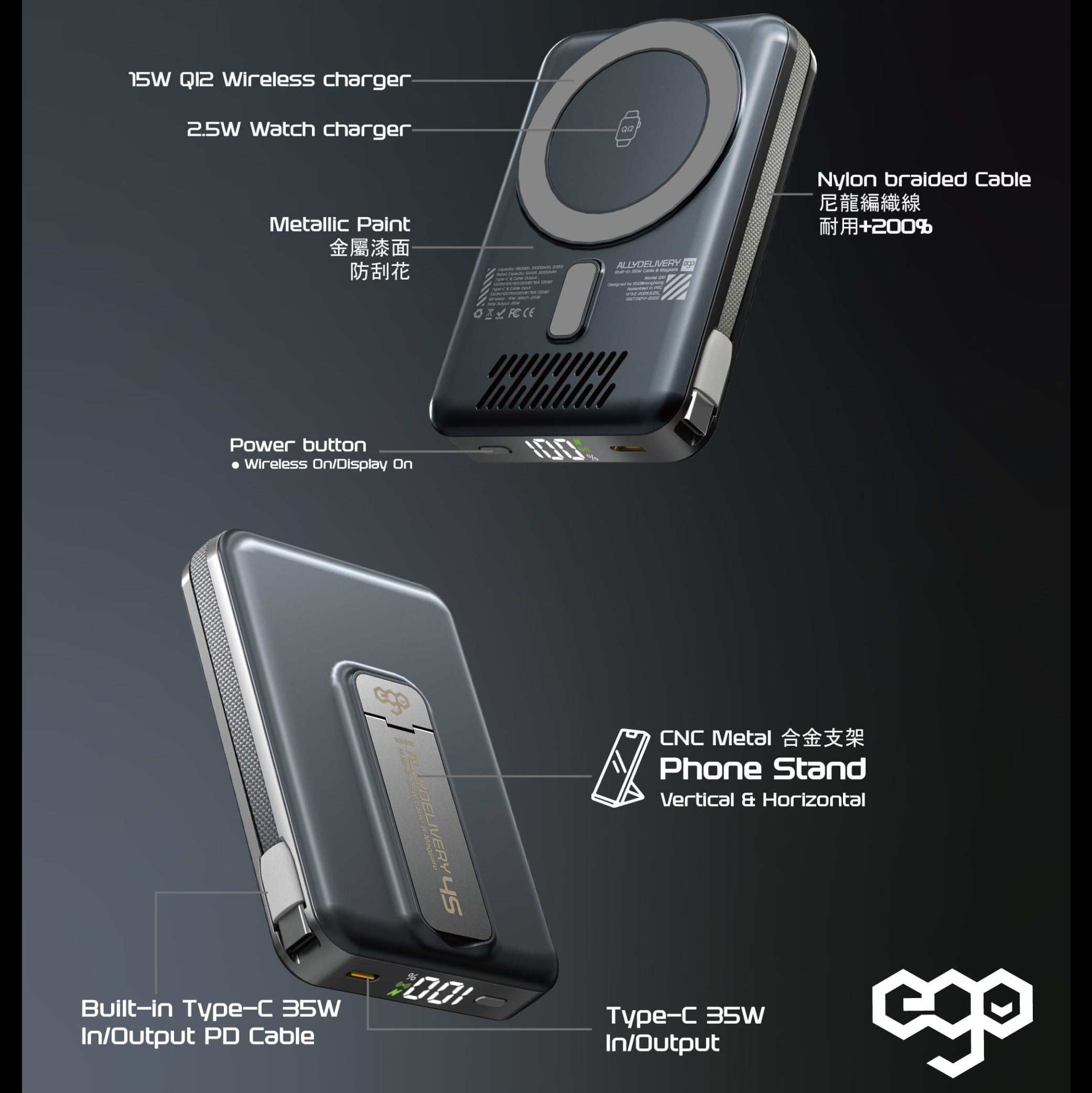 EGO AllyDelivery 4S @MagSafe 10000mAh 6‑in‑1 Power Bank – Black