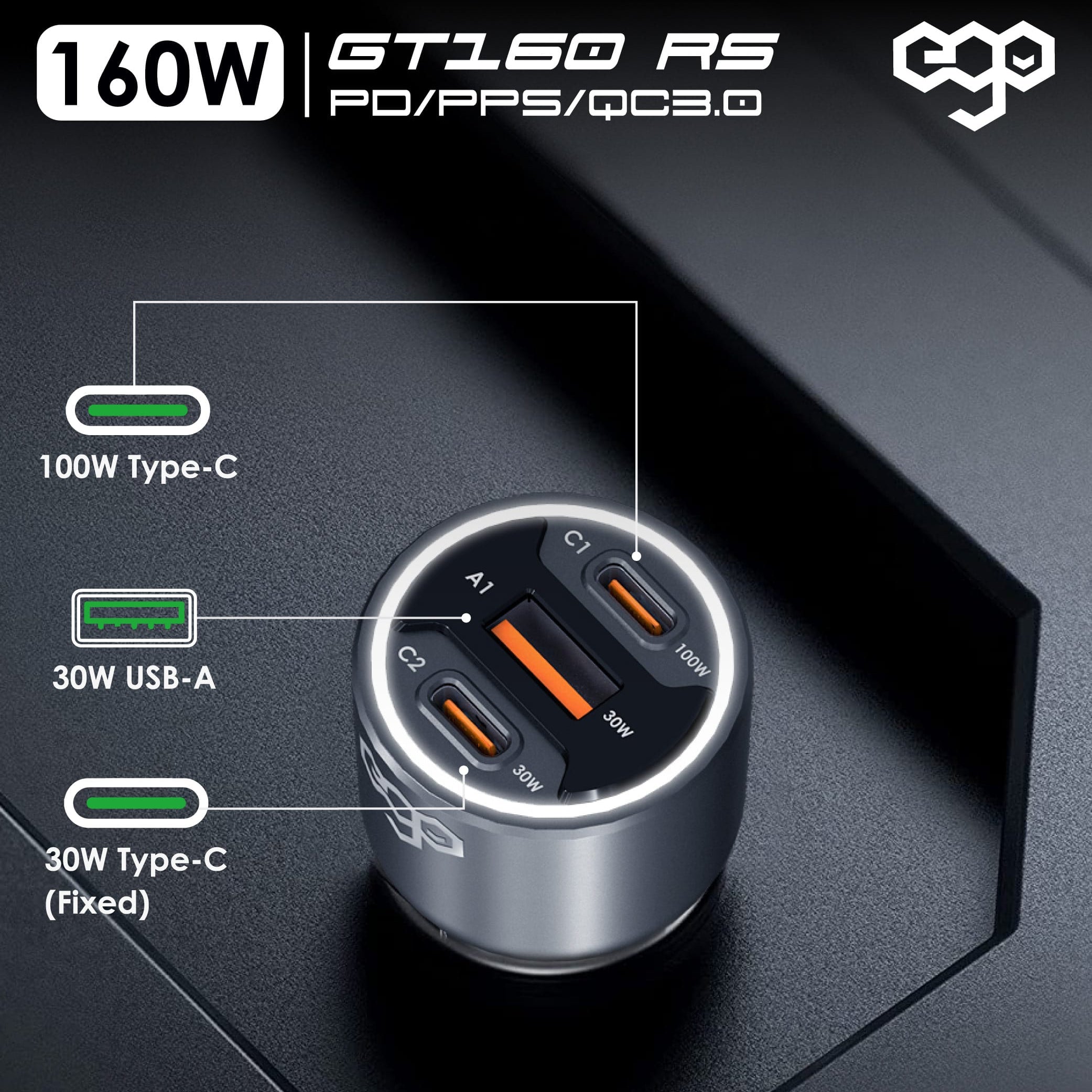 EGO GT160 RS 3USB 160W Car Charger – Black