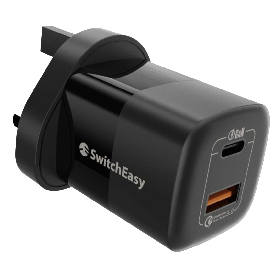 SwitchEasy PowerBuddy 5.0 GaN Compact Wall Charger – 67W, 3 Ports (2 USB‑C + 1 USB‑A), UK Plug, Black