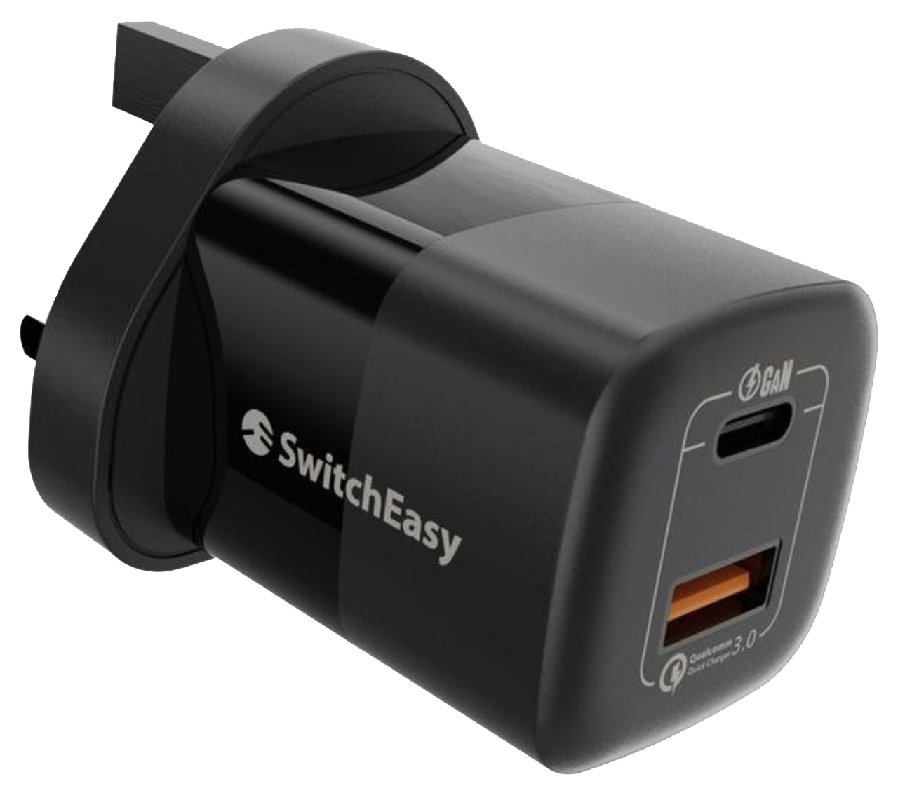 SwitchEasy PowerBuddy 40W GaN Fast Charging Wall Charger – Dual Port (USB‑C + USB‑A), UK Plug, Black