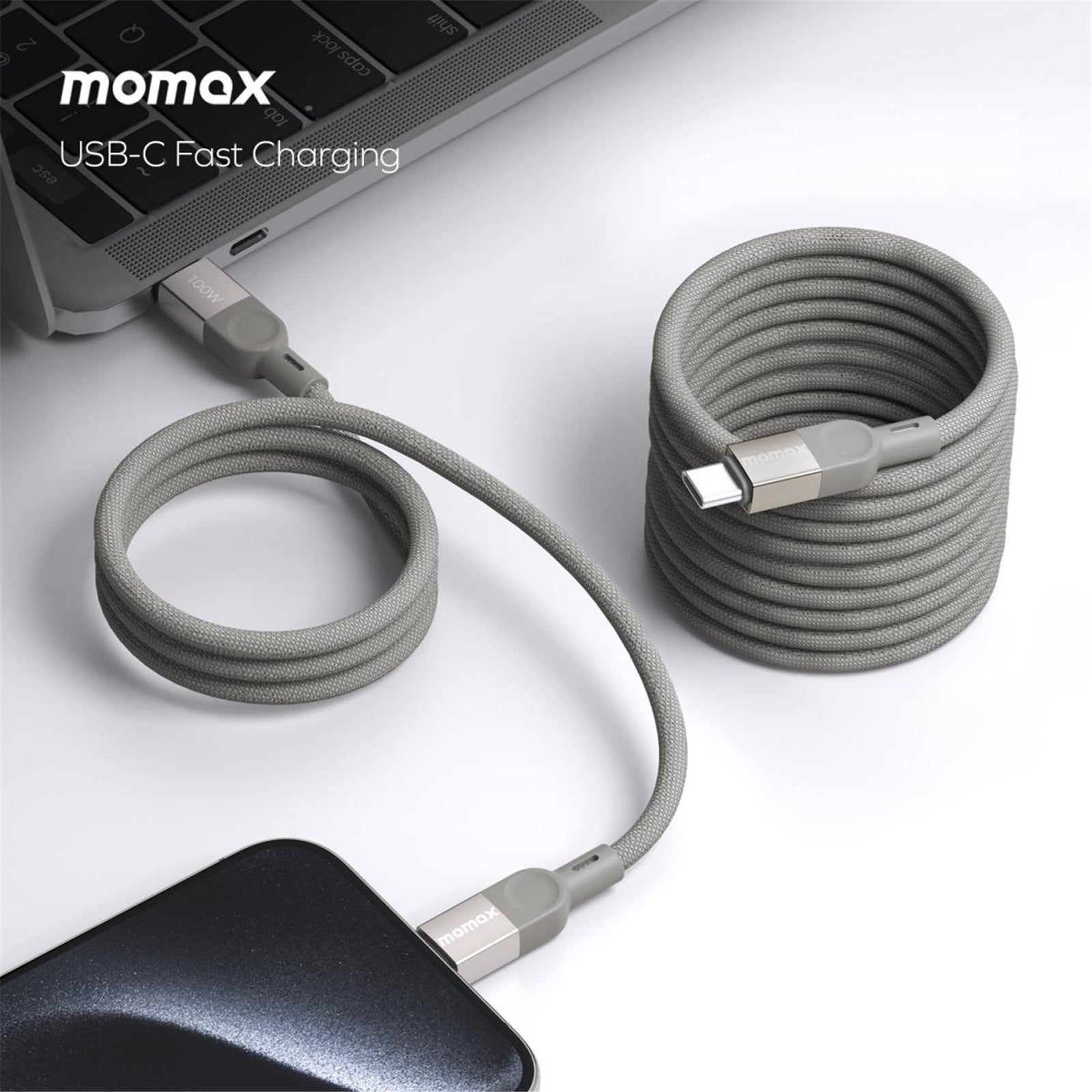 MOMAX Elite Mag Link 100W USB‑C to USB‑C Magnetic Cable (2m, Titanium)