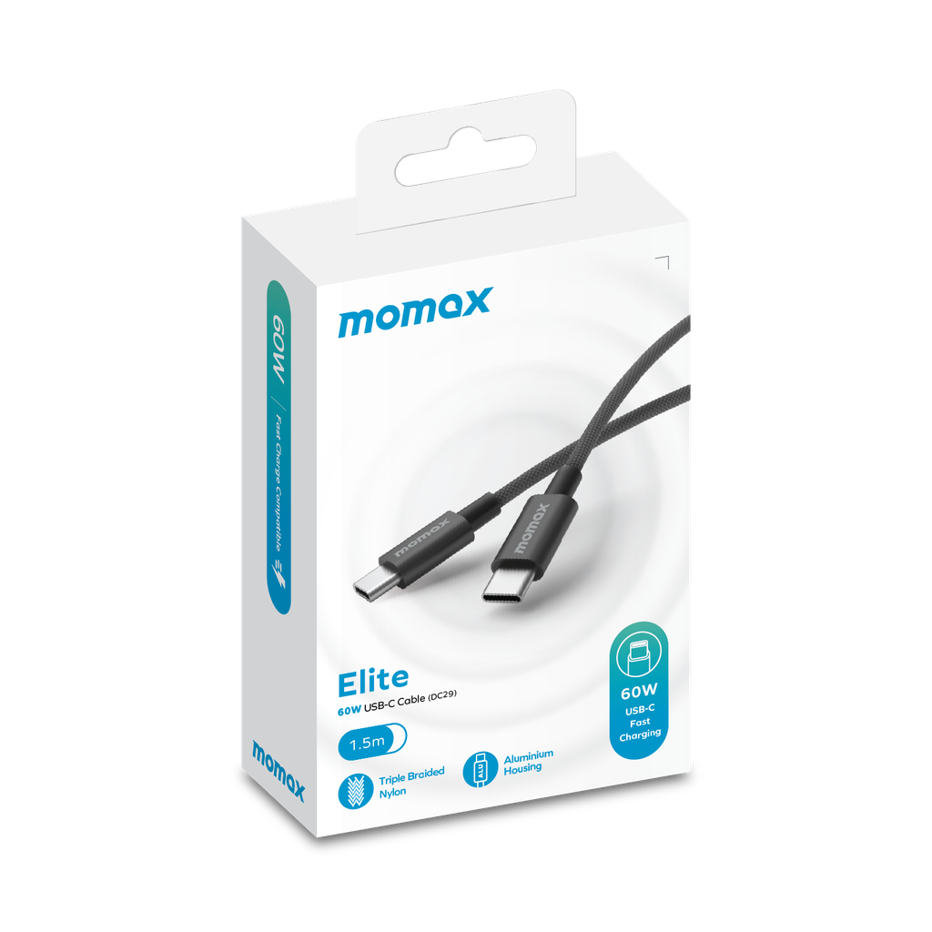 MOMAX Elite 60W USB‑C to USB‑C Braided Cable (1.5m, Black)