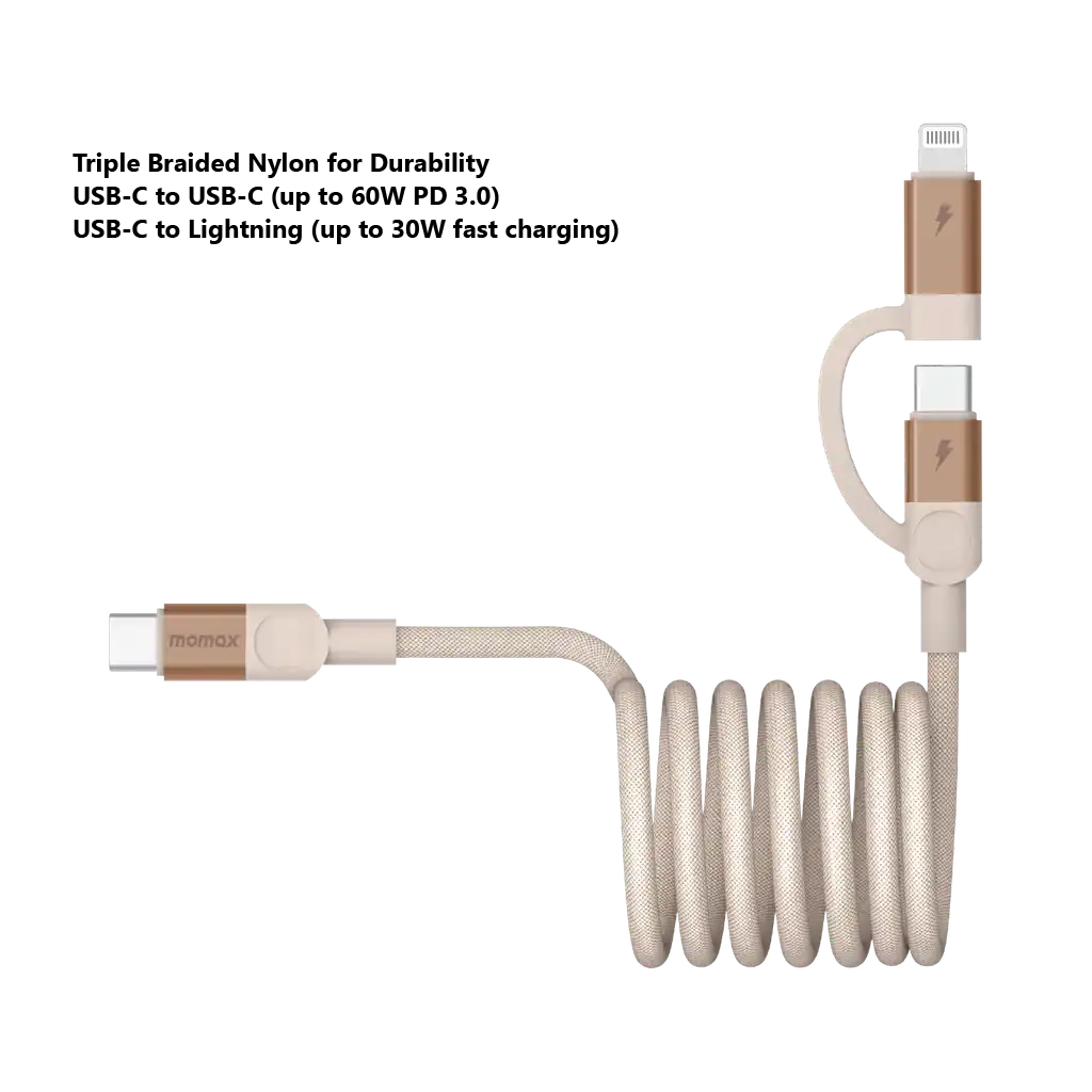 MOMAX Mag Link USB‑C to USB‑C & Lightning Magnetic Cable (2m, Desert Titanium)