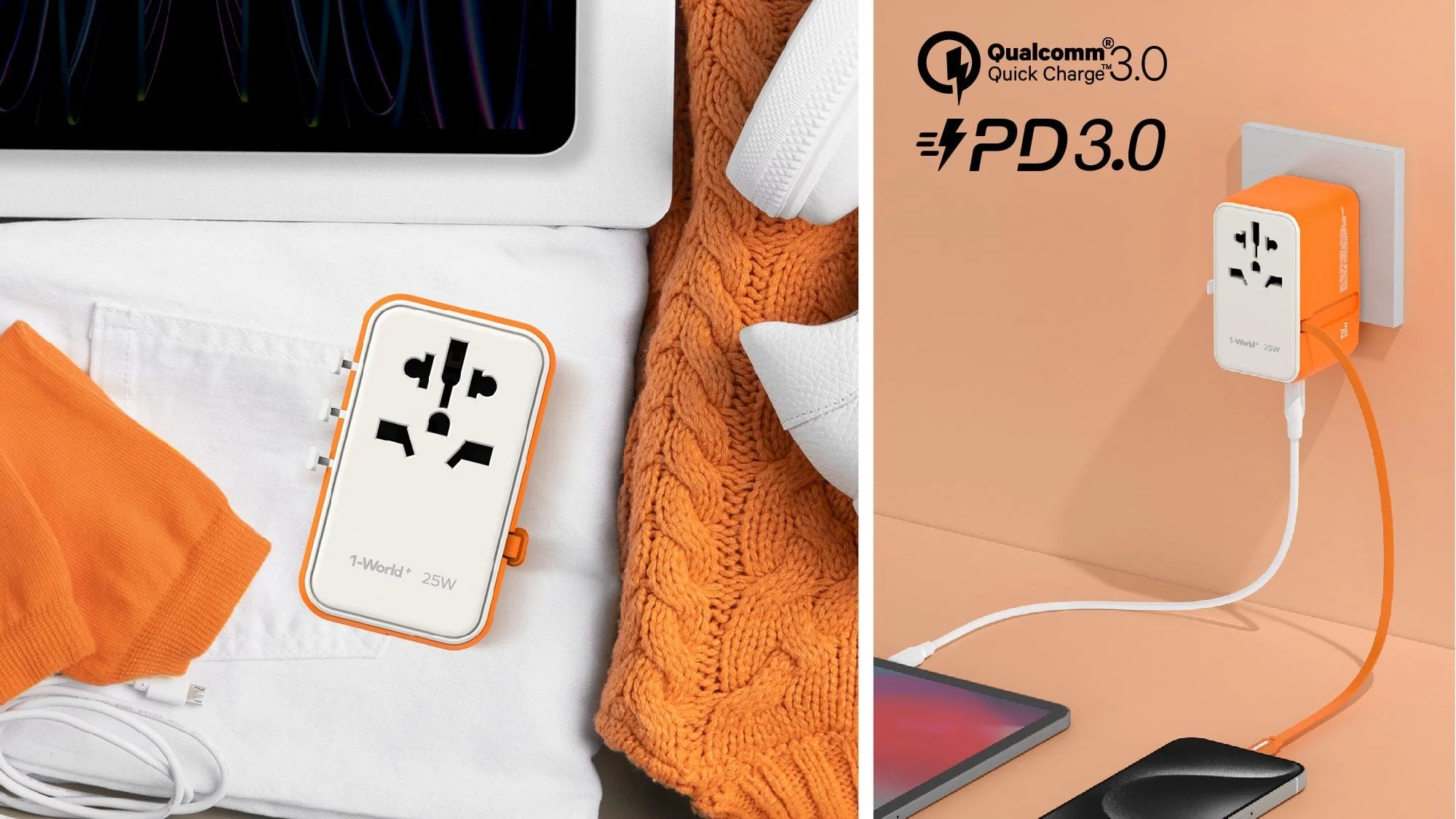 MOMAX 1‑World+ 25W 3‑Port AC Travel Adapter with Built‑In USB‑C Cable (Orange)