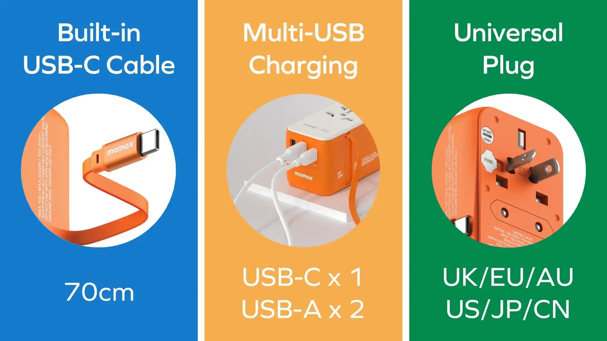 MOMAX 1‑World+ 25W 3‑Port AC Travel Adapter with Built‑In USB‑C Cable (Orange)