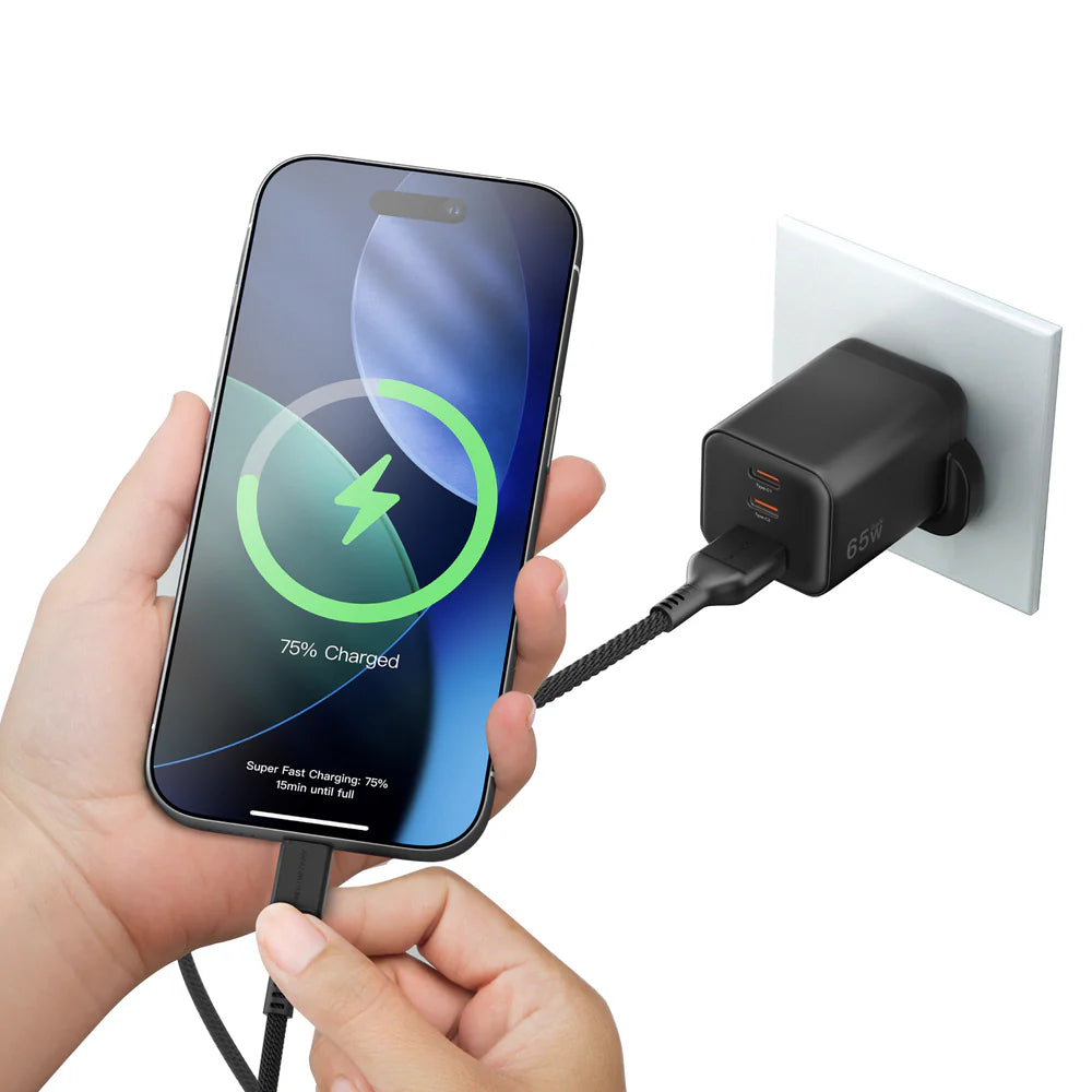 AmazingThing Thunder GaN 65W Charger – 3 Ports (2C + 1A, PD 3.0, QC 3.0, Compact Travel Design)