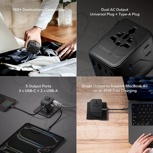 MOMAX 1‑World² 45W 5‑Port Dual AC Travel Adapter