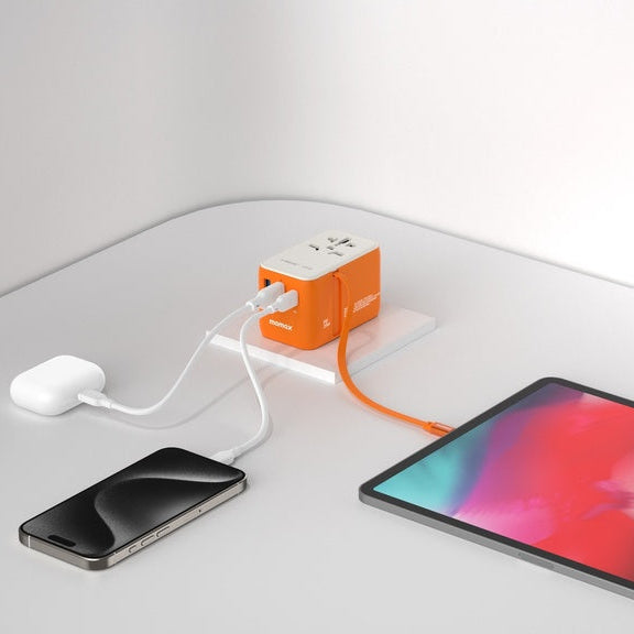 MOMAX 1‑World+ 25W 3‑Port AC Travel Adapter with Built‑In USB‑C Cable (Orange)